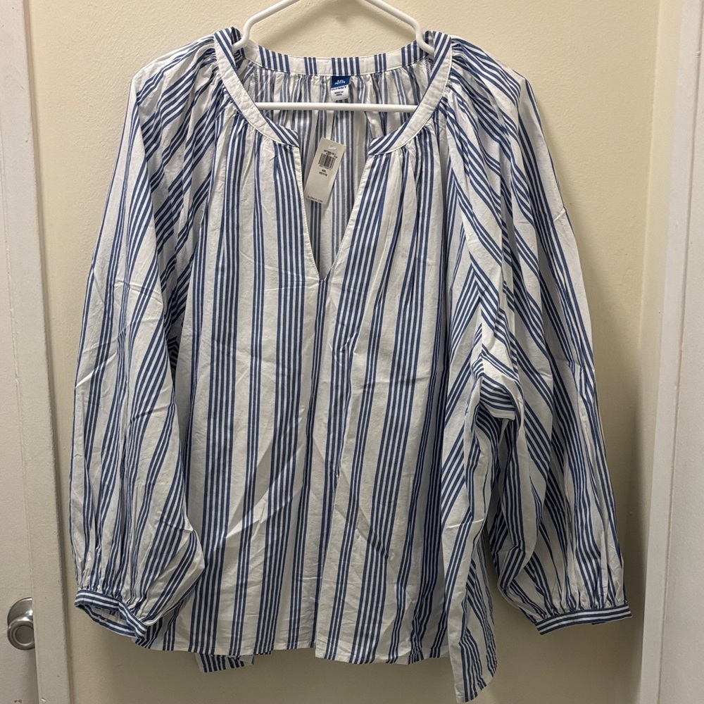 Blue and White Striped Collarless Top